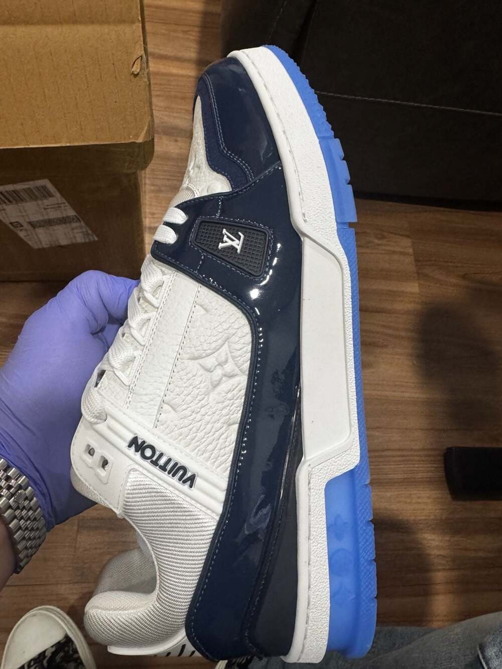 Louis Vuitton LV Trainer White Navy Blue Lacquered Leather Sneakers